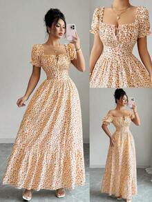 vestido de mujer con estampado digital, mangas abullonadas, nudo delantero, espalda descubierta y cintura ceñida.Elegante y chic para vacaciones, citas, estilizador y adelgazante - Naranja - Ver 9
