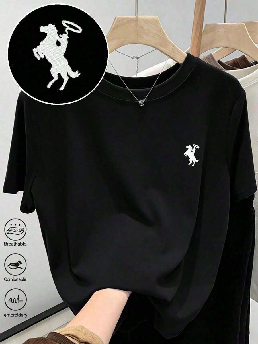 Camiseta de mujer con cuello redondo y estampado bordado de caballero - Blusa casual de cuello redondo - Camiseta ligera adecuada para todas las estacionesPure-Cotton - Negro 1 - Ver 1