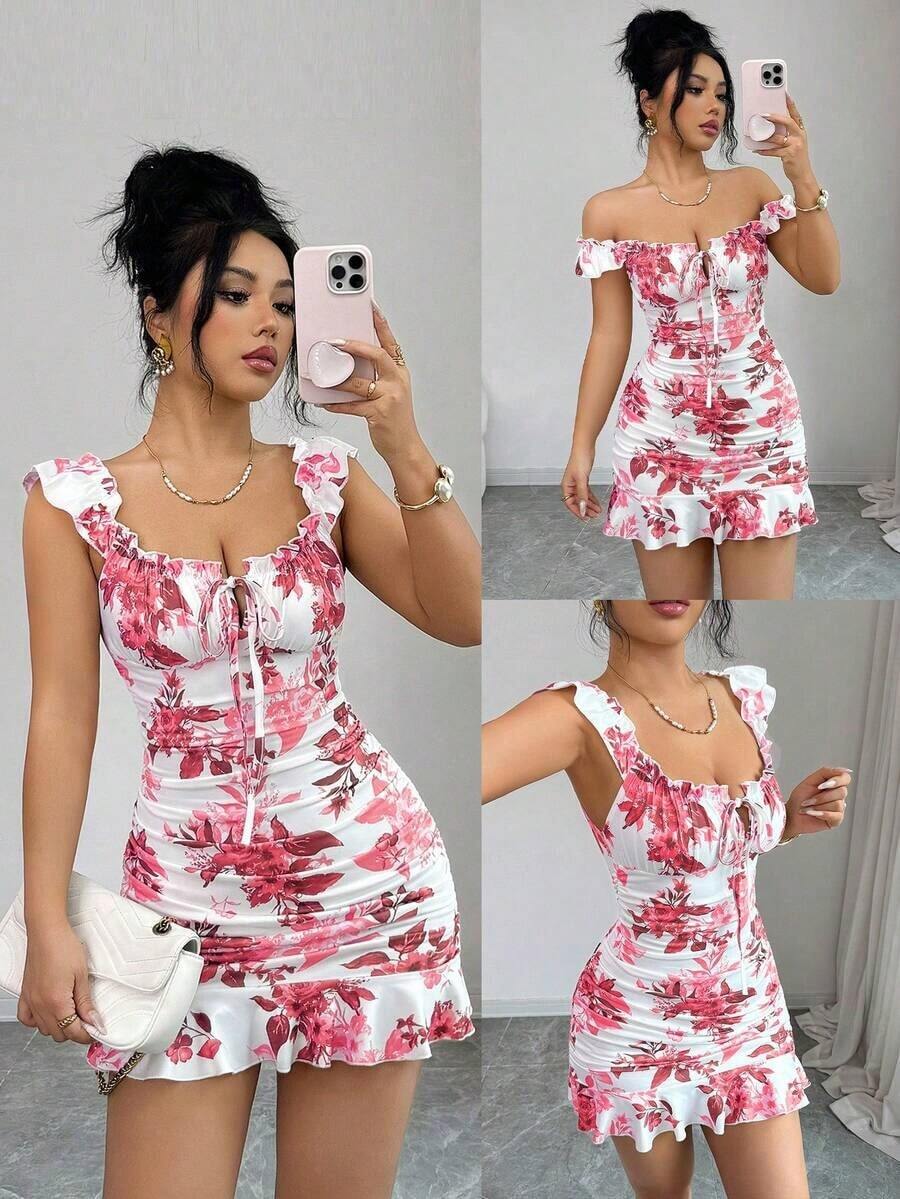 ajustado con volantes en el hombro y el bajo, vestido ajustado elegante y sexy con volantes en la cintura al estilo francés, adecuado para citas, vacaciones y uso diario - Rosa - Ver 1