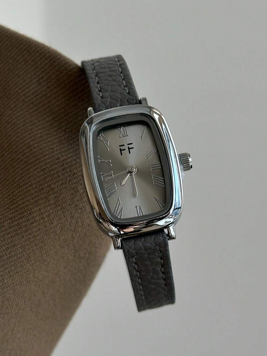 1pc Vintage Style Adjustable Leather Strap Quartz Women's Watch, Oval Roman Numeral Dial, Compact Design Suitable For Daily Wear, Birthday Gift - Grey - View 1