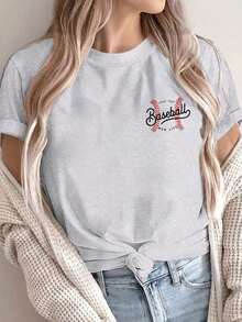[Double-Sided Print] Women's T-Shirt, Casual Short-Sleeve Crew Neck Top With Baseball Stitching And The Text "LIVIN' THAT MOM LIFE", Machine Washable, Suitable For Casual Wear, Multipurpose Clothing, Fashionable T-Shirt, Comfortable Material, For Style Enthusiasts - 淺灰色 - 查看 3