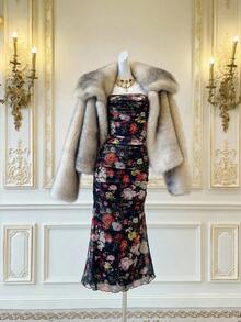 Vestido de cola de pez con estampado floral elegante para mujer, verano - Negro - Ver 8