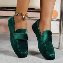 Women's Flat Shoes, Comfortable Soft Suede, Solid Color, Low Cut, Fashion Casual Style, Suitable For All Seasons, Square Toe Design, Plus Size 36-42 - Dark Green - View 3