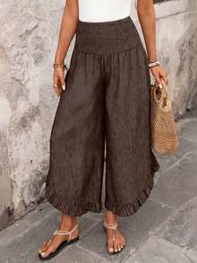 Pantalones anchos de cintura alta con volantes, estilo casual para vacaciones, aptos para primavera, verano y otoño - Marrón - Ver 6