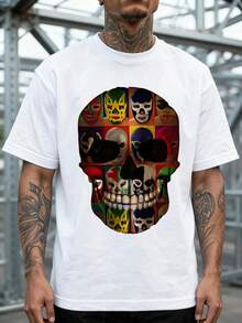 Alternative Style Men's Short Sleeve T-Shirt With Skull Print Formed By Multiple Colorful Lucha Libre Masks, Creative And Vibrant Design, Loose Fit, Ideal For Urban Art And Mexican Culture Lovers, 220 G 100% Cotton, Soft, Breathable And Long-Lasting, Artistic - 白色 - 查看 3
