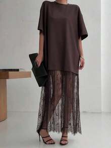 Vestido casual de mujer con parches de encaje de manga corta (sin cinturón), vestido de punto de unicolor con parches de encaje para uso diario, oficina, citas, la longitud y el tamaño se pueden ajustar con un cinturón, el estilo casual es holgado, se sugiere pedir una talla menos.Elegante - Marrón - Ver 5
