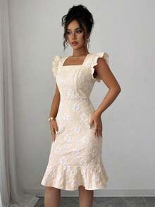 Vestido elegante de jacquard para ir al trabajo, verano - Caqui - Ver 6