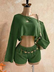 Casual 2-Piece Set Consisting Of A Cropped Top With An Irregular Neckline And Lettuce Hem, And Shorts, In A Solid Color, For Vacation, Spring/Summer - Dark Green - View 1