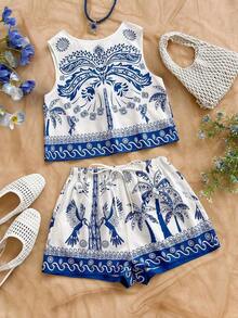 Top sin espalda con textura y lazo, holgado y casual para vacaciones, shorts casuales con elástico en la cintura y bolsillos, para playa y mar - Multicolor 2 - Ver 3