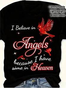 Nueva Camiseta de Moda para Mujer con Cuello Redondo 2026 - Estampado de letras doradas I Believe in Angels, top casual, camiseta diaria de fibra transpirable con patrón de hojas rojas, color morado oscuro para primavera/verano/otoño, versátil y fácil de combinar, camiseta base elegante y cómoda, camiseta con estampado inspirador. Diseño versátil para el verano. - Negro - Ver 12