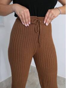 High-Waisted, Straight-Leg Knit Pants With Drawstring; Stylish, Versatile, Warm, And Casual. - Caramel - View 2