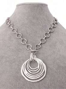 1 Piece Silver/Matte Gold Color Large Open Hollow Multi-Layer Asymmetrical Round Circle Pendant Chunky Chain Statement Necklace Suitable For Women's Daily Wear 18"+2" Extend Chain - Bạc và Vàng - Xem 5