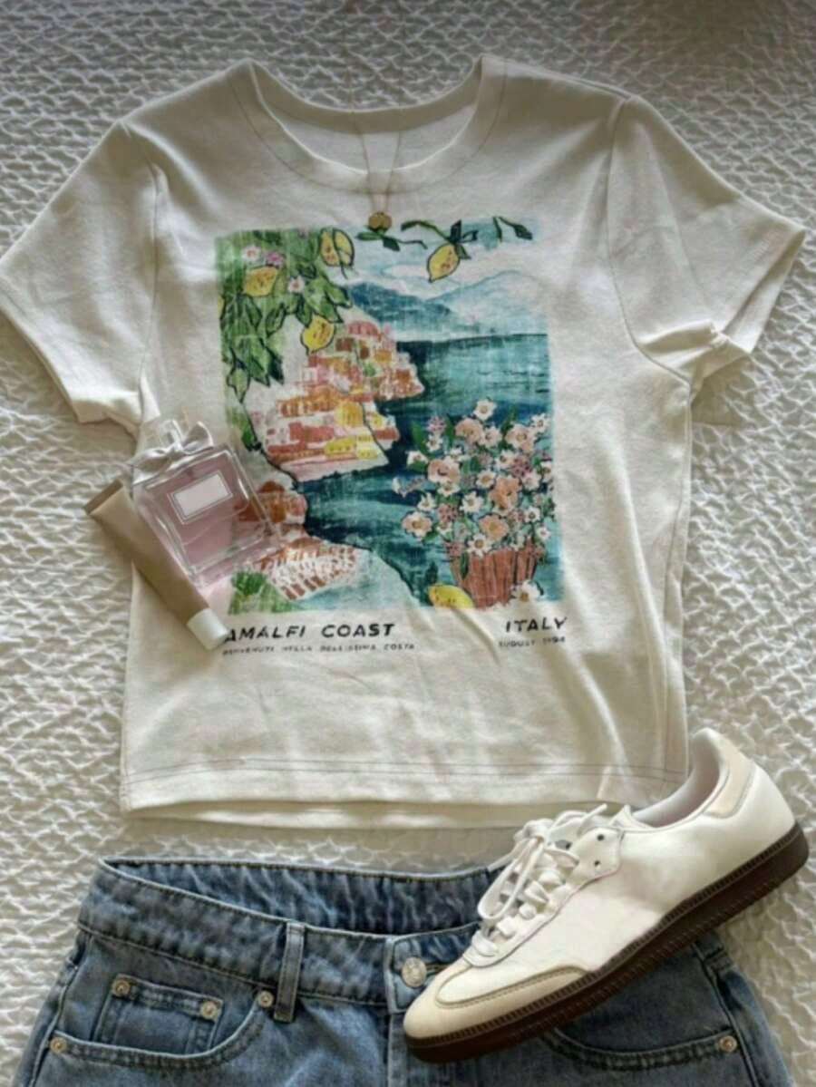 Camiseta casual de mujer de cuello redondo y manga corta con estampado floral - Blanco 2 - Ver 1