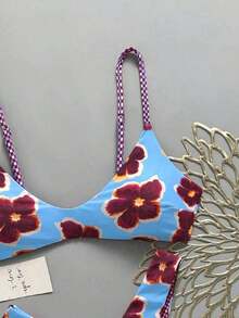 Conjunto de Bikini de Dos Piezas Reversible con Estampado Floral y a Cuadros para Mujer Lucky Girl, Vacaciones en la Playa, Verano - Azul - Ver 4