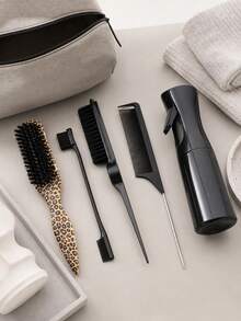 5件組豹紋美髮工具組，包含噴霧瓶、尾梳、邊緣刷、造型刷、男士復古後梳造型刷、鬍鬚刷，適用於打造光滑馬尾、髮髻、撫平亂髮，黑色美髮工具組 - 黑色 - 查看 8