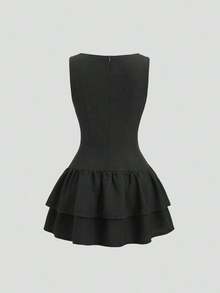 Sweetro Vestido mini de línea A con doble capa de volantes, sin mangas, en estilo vintage, romántico, elegante, juguetón, lindo, bohemio, para festivales de música, vacaciones, citas, trayectos y trabajo, apto para primavera/verano/otoño/invierno - Negro - Ver 2