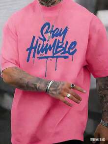 Men's Short-Sleeved, Round-Neck T-Shirt For Everyday, Casual, And Comfortable Wear. Made Of Pure Cotton With A Simple Print, Versatile And Loose-Fitting, This Fashionable Urban Clothing For Men Is Available In Plus Sizes And Is Breathable For Summer. - 粉色 - 查看 5