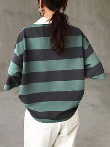 Camiseta holgada a rayas para mujer, cuello polo, manga corta, ropa casual de verano, ropa para la vuelta al cole. - Verde - Ver 5