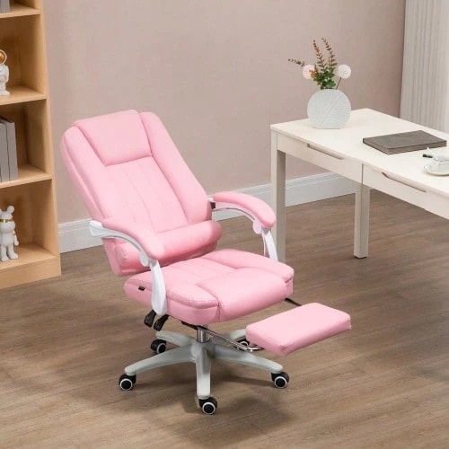 Office Chair, Desk Chair, Footrest, Reclining Function, Wheels, Height Adjustable, Faux Leather, Pink - Pink - View 1