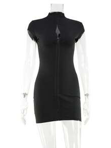 Short, Fitted Dress In A Cute Girl Style With An Integrated Coat Design - Black - View 8