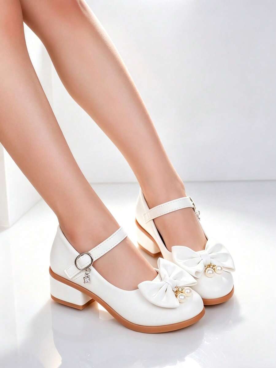 Novos Sapatos Sociais Brancos para Meninas com Decoração de Borboleta, Sapatos de Salto Alto de Princesa com Aplicações de Strass, Adequados para Festas, Casamentos, Reuniões, Férias - Branco - Visão 1