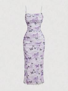 Vestido ajustado de malla con volantes y estampado floral para mujeres, vestidos elegantes para mujeres, ropa de mujer, vintage, ropa hippie, vestido para baile de máscaras - Morado - Ver 5