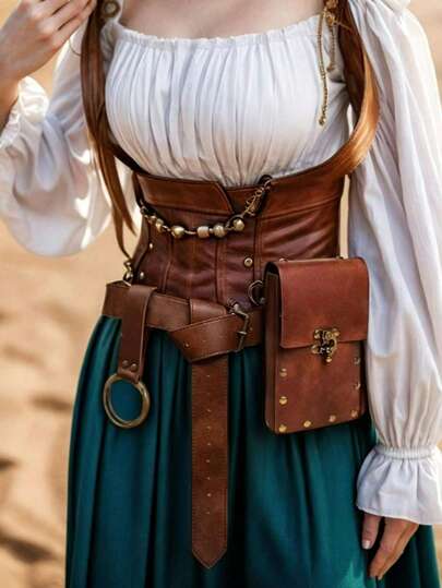 Set de 3 piezas de accesorios de cuero del período renacentista, que incluye cinturón vikingo medieval, bolso de cuero sintético, bolsa de cintura, falda de cuero, botas de armadura de caballero, alas renacentistas, accesorios de disfraz para juego de roles, Halloween