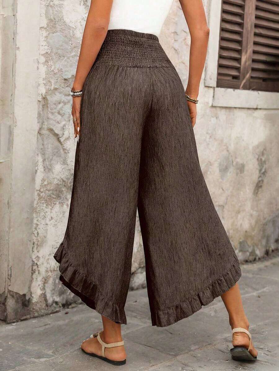 Pantalones anchos de cintura alta con volantes, estilo casual para vacaciones, aptos para primavera, verano y otoño - Marrón - Ver 1