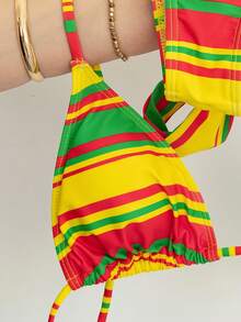 Lady's Strip Print Halter & Tie-Side 2Pcs Swimsuit: Sexy, Stylish, Simple, Gal, Young – Beach Vacations, Travels & Dating - Yellow-green Stripes - View 4