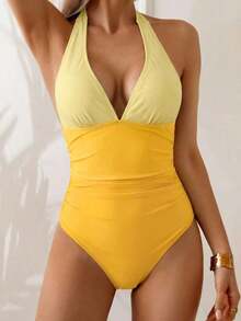 Traje de baño de una pieza con control de abdomen, estilo minimalista de unicolor, con escote halter y espalda descubierta, para vacaciones de verano en la playa - Amarillo - Ver 6