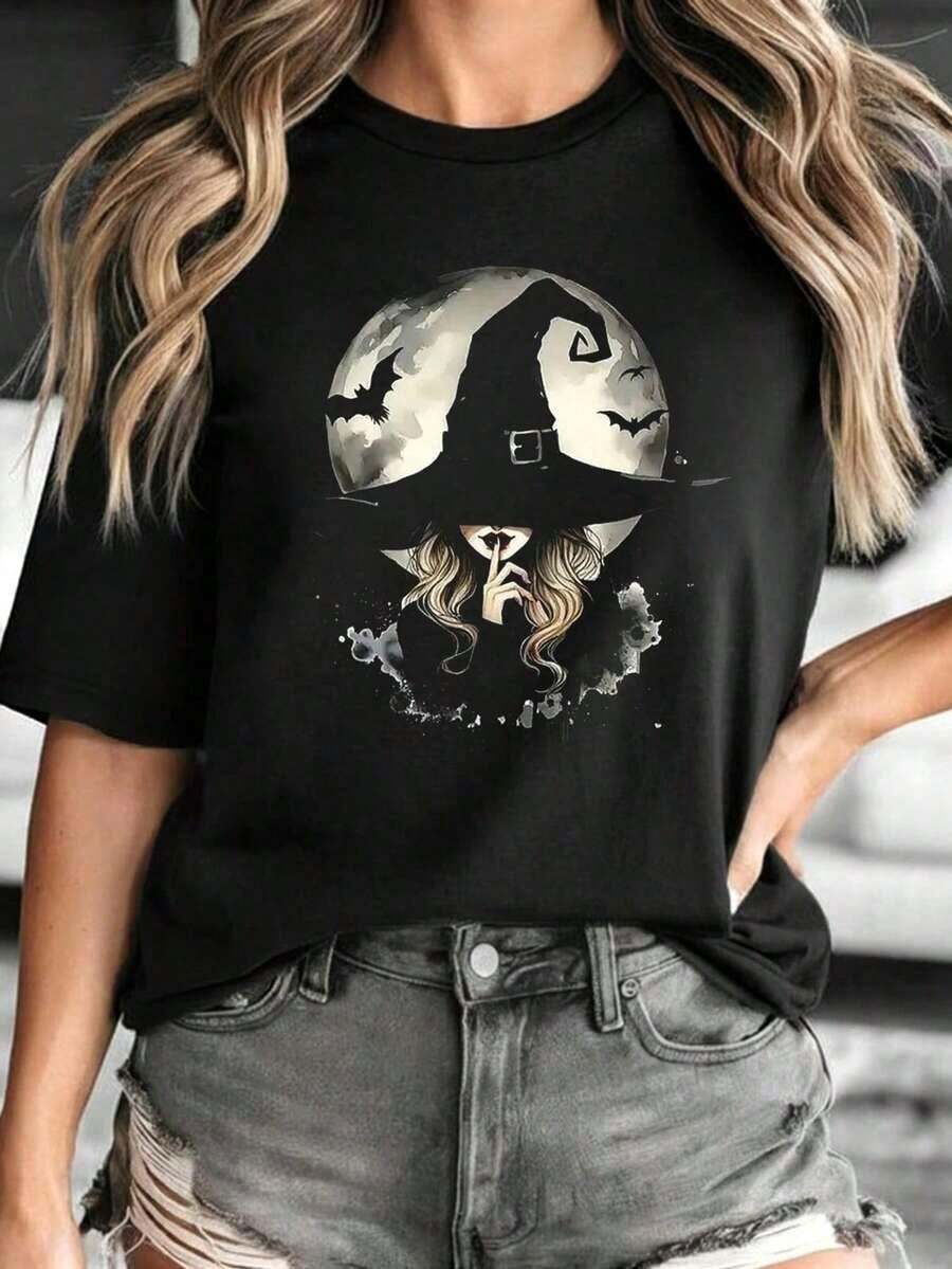 Camiseta casual de manga corta y cuello redondo para mujer, moderna y a la moda, hecha de 100% algodón puro con estampado de bruja y murciélago - camiseta unisex de estilo callejero vintage, holgada y de algodón puro. - Negro - Ver 1