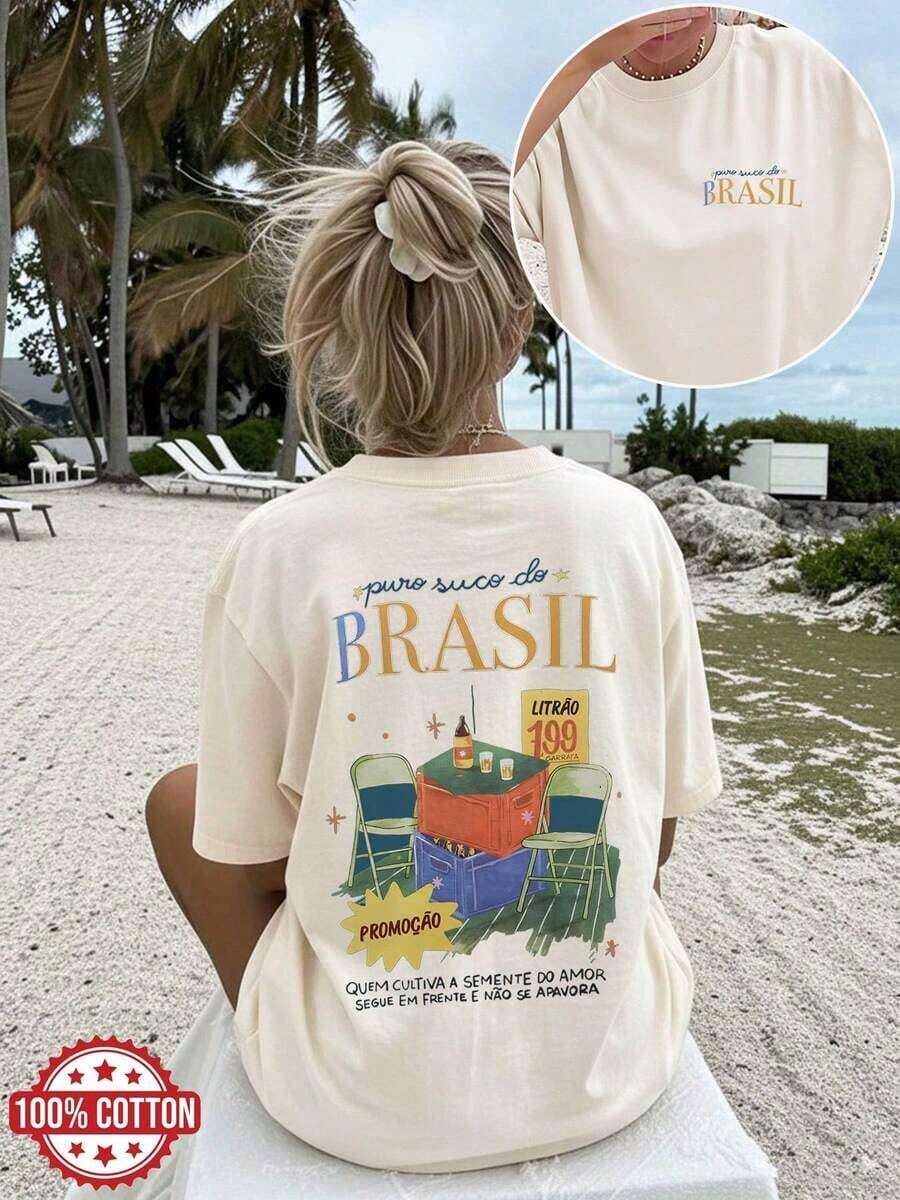 [Impresión a Doble Cara] Ropa de Verano para Mujer, Camiseta Casual para Mujer, Estilo Vintage, Estampado con la Frase "Puro Suco Do BRASIL", Manga Corta, Cuello Redondo, Algodón Puro, Talla Grande, Camiseta de Hombros Caídos [Lan]