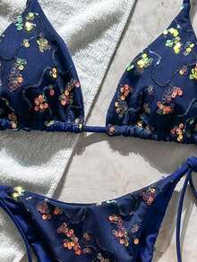 Costavie Swim Mod-D, Conjunto de Bikini Sexy de 2 Piezas con Lentejuelas Coloridas, Tela Especial, Sujetador de Copa Triangular y Braguitas con Lazos Laterales, Primavera/Verano - Azul Marino - Ver 7