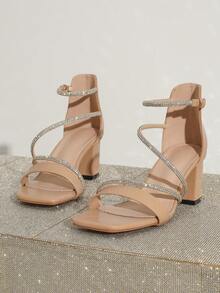 Sandalias elegantes y glamorosas con tacón grueso de punta cuadrada y decoradas con rhinestones, adecuadas para banquetes y fiestas, de moda y versátiles - Albaricoque - Ver 6