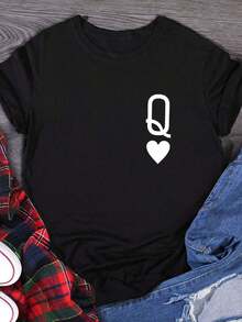 Camiseta casual minimalista de manga corta con estampado de letras y corazones, cuello redondo, estilo casual. - Negro - Ver 7