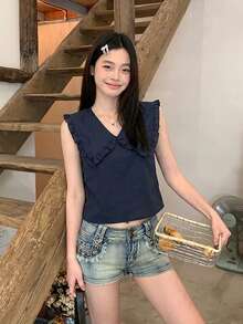 休闲彼得潘领无袖衬衫上衣，夏季百搭 - 藏蓝色 - 查看 1