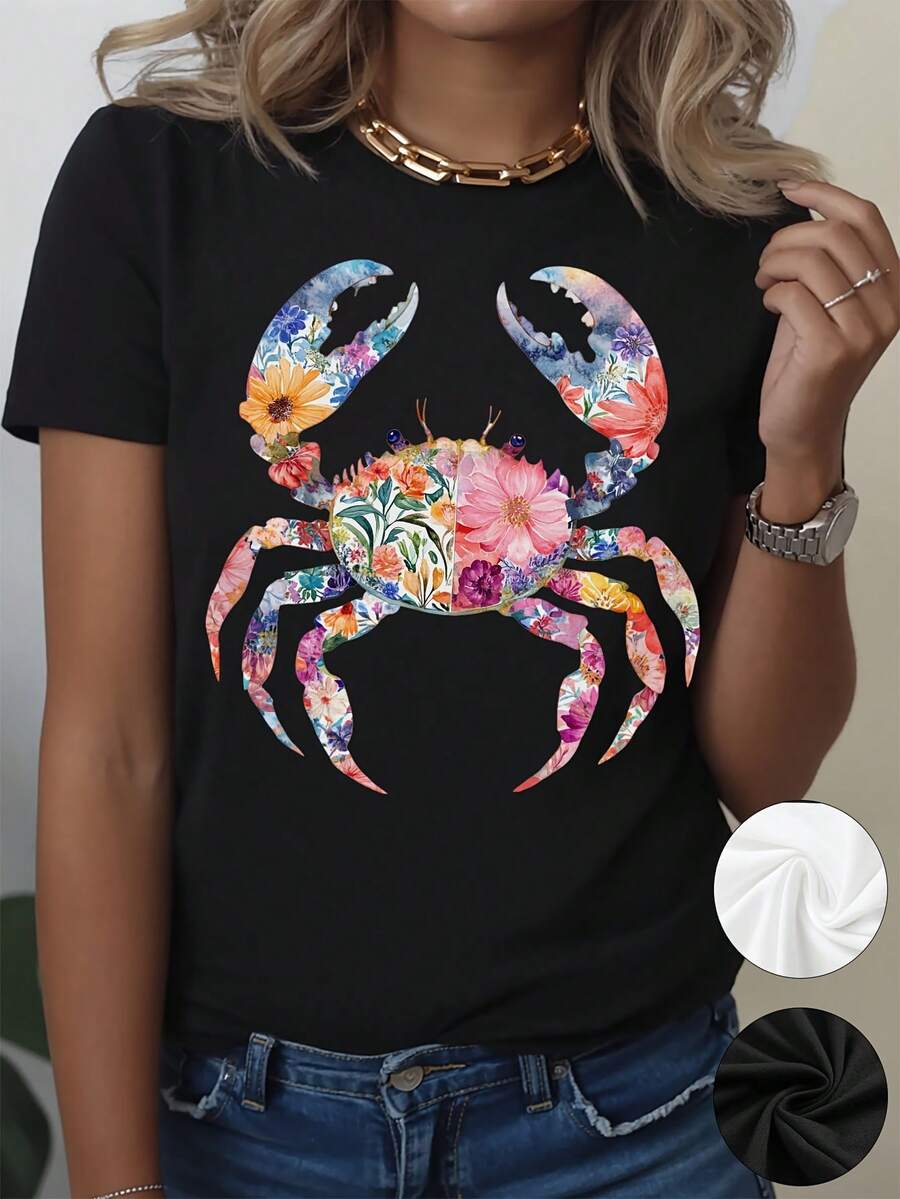 Floral Crab, A Must-Have For Summer, Suitable For Both Spring And Summer, Comfortable And Casual, A Fashionable Short-Sleeved Crew Neck T-Shirt For Women, Ideal For Everyday Wear And As A Gift. A Very Distinctive Printed T-Shirt / Unisex Style / Suitable For Both Men And Women / Wrinkle-Resistant / Breathable - 黑色 - 查看 1