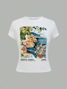 Women's Slogan & Floral Print Round Neck Short Sleeve Casual Versatile-Shirt,Y2K Hibiscus Graphic Tee, 2000s Retro Aesthetic, Slim-Fit Cotton Top, Casual Summer Outfit For Women, Perfect For Streetwear & Date Nights, Ideal Gift For Her - Nhiều màu 5 - Xem 8