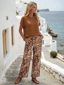 Set de 2 piezas con top de manga corta y pantalón de pierna ancha con estampado geométrico para mujer - Marrón Mocha - Ver 6