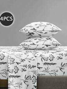 4-Piece Bohemian Geometric Vintage Floral Bedding Set, Easy Care Soft Bedding, Includes 1 Flat Sheet + 1 Fitted Sheet + 2 Pillowcases, King/Queen/Full/Twin Sizes, Deep Pocket Fitted Sheet Fits Up To 11.8 Inches - Black and White - View 1