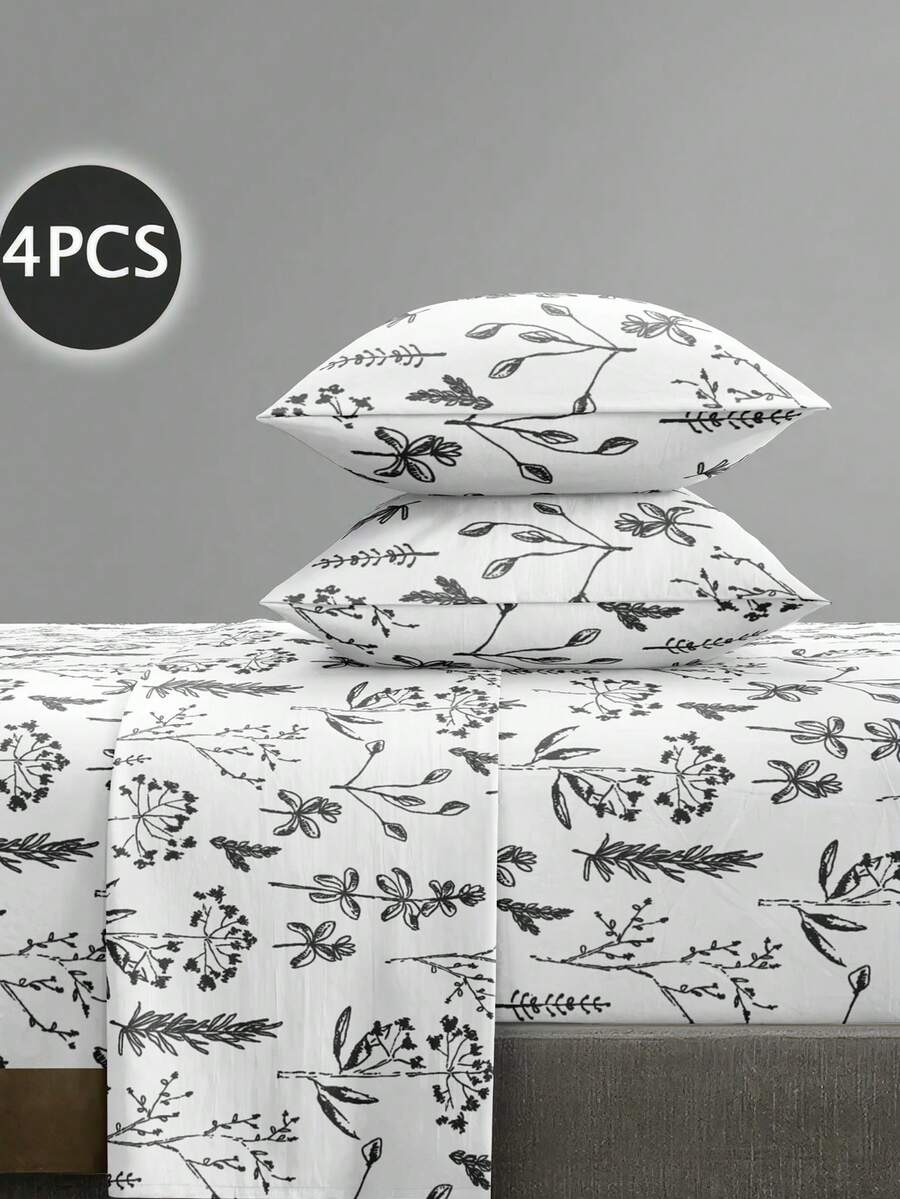 4-Piece Bohemian Geometric Vintage Floral Bedding Set, Easy Care Soft Bedding, Includes 1 Flat Sheet + 1 Fitted Sheet + 2 Pillowcases, King/Queen/Full/Twin Sizes, Deep Pocket Fitted Sheet Fits Up To 11.8 Inches - Black and White - View 1