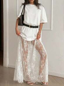 Vestido casual de mujer con parches de encaje de manga corta (sin cinturón), vestido de punto de unicolor con parches de encaje para uso diario, oficina, citas, la longitud y el tamaño se pueden ajustar con un cinturón, el estilo casual es holgado, se sugiere pedir una talla menos.Elegante - Blanco - Ver 2