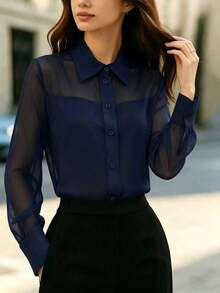 1 pieza Blusa elegante de mujer con parches de malla, adecuada para salidas diarias, ir al trabajo y atuendos de aeropuerto - Azul lavado oscuro - Ver 4