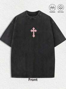 Camisetas lavadas para hombre y mujer 2026, estética retro desgastada, estampado de cruz rosa simple en pecho izquierdo y tipografía "GLORY" rosa en espalda con figura de Jesús. - Negro - Ver 2