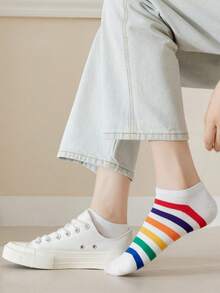 6双装女士可爱卡通短袜，柔软低帮隐形袜，卡哇伊爱心菠萝蛋奶牛冰淇淋彩虹条纹图案，透气休闲短袜，趣味新颖图案，春夏秋季日常穿着 - 彩色 - 查看 3