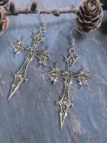 1 Pair Vintage Gothic Cross Earrings - Silver - View 3