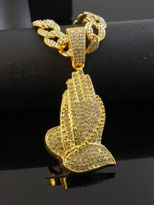 Men Iced Out Praying Hands Pendant Cuban Chain Hip Hop Rapper Style Necklace Streetwear Jewelry For Men Party Stage Gift Daily Wear Accessories - Praying Hand Pendant Necklace - View 7