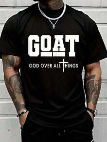 Camiseta Oversize con Estampado Divertido de Jesús Dios Cabra Sobre Todas las Cosas, Manga Corta, Cuello Redondo, Estilo Casual, Adecuada para Todas las Temporadas, Ropa para Hombre - Negro - Ver 7
