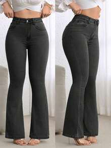 Women's Pocket Button Casual Versatile Daily Wear Flare Jeans - Negro - Ver 7