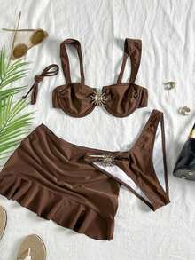 2026 Conjunto de traje de baño tipo tankini de 3 piezas de unicolor, con diseño de tirantes anchos y soporte con aros, estilo de playa de moda, perfecto para vacaciones en la playa y fiestas en la piscina durante el verano - Marrón Chocolate - Ver 3